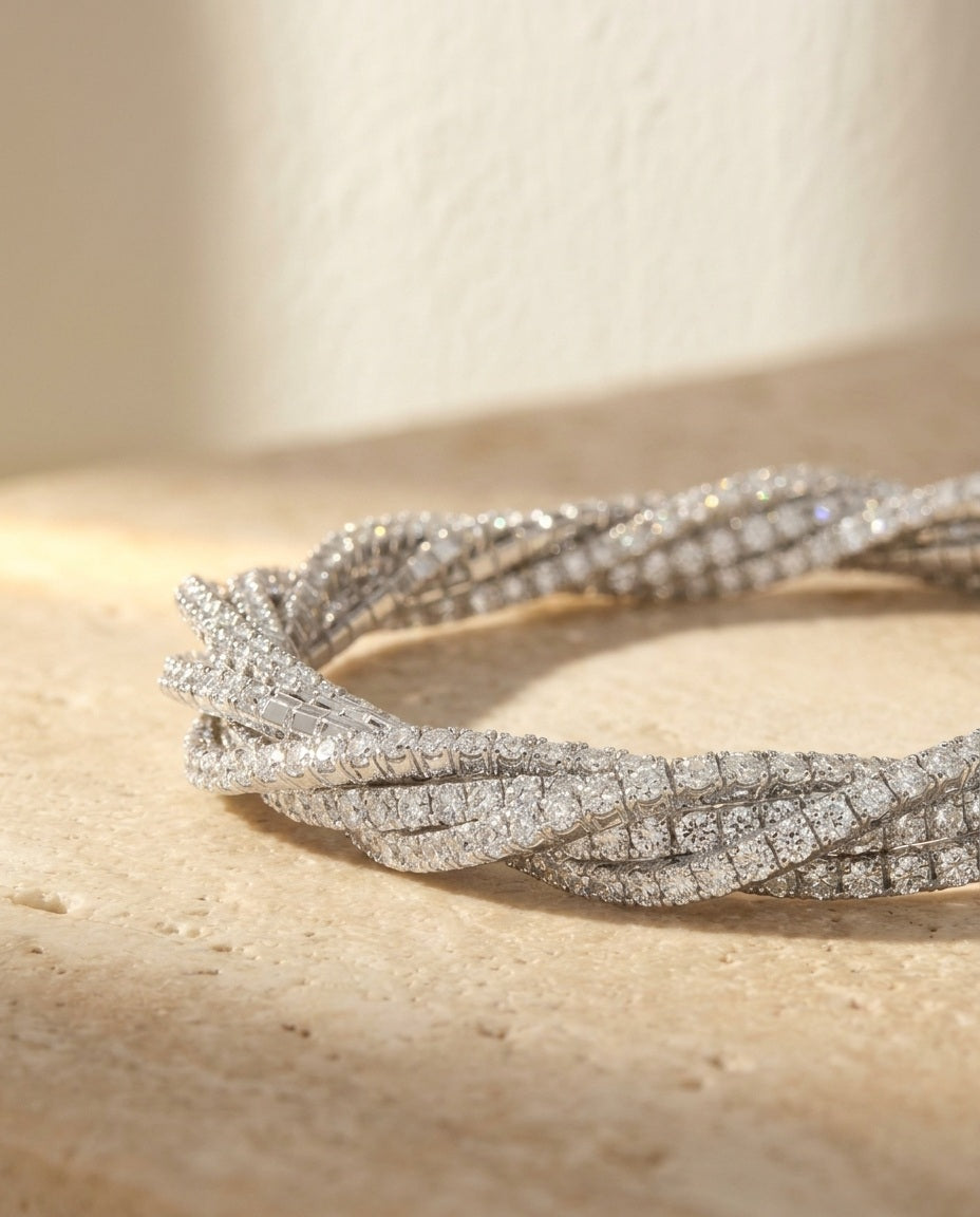 ALTUNA Spirale Bracelet - macro detail of twisted pave strands in white gold