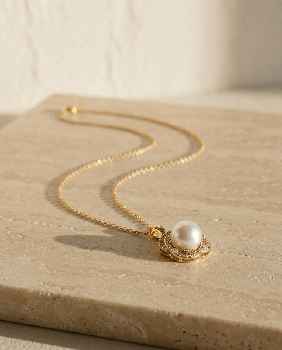 ALTUNA Promise Pearl Necklace — editorial product photography on warm beige travertine