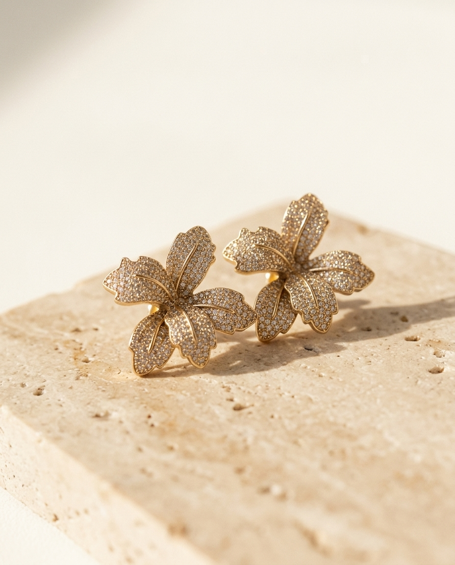 ALTUNA Imperial Lily Earrings — editorial product photography on warm beige travertine
