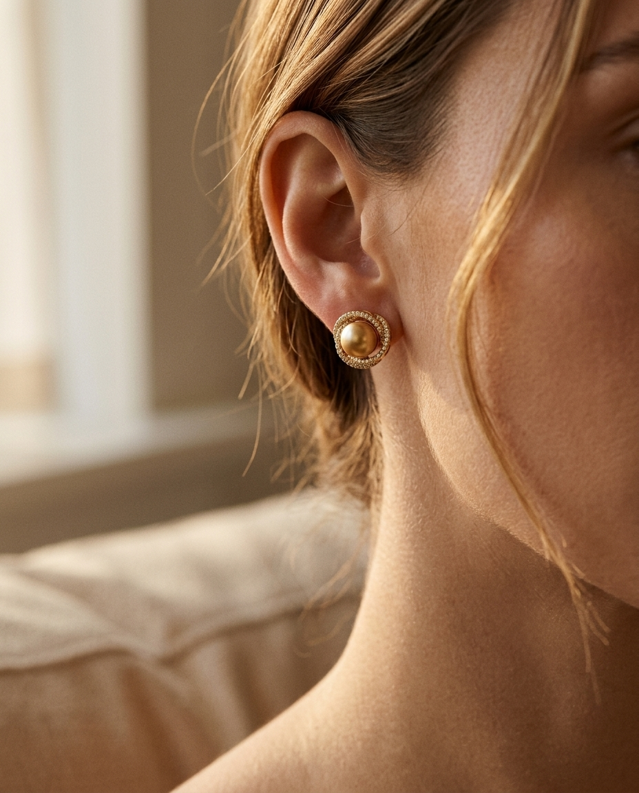 ALTUNA Promise Pearl Halo Studs worn — editorial