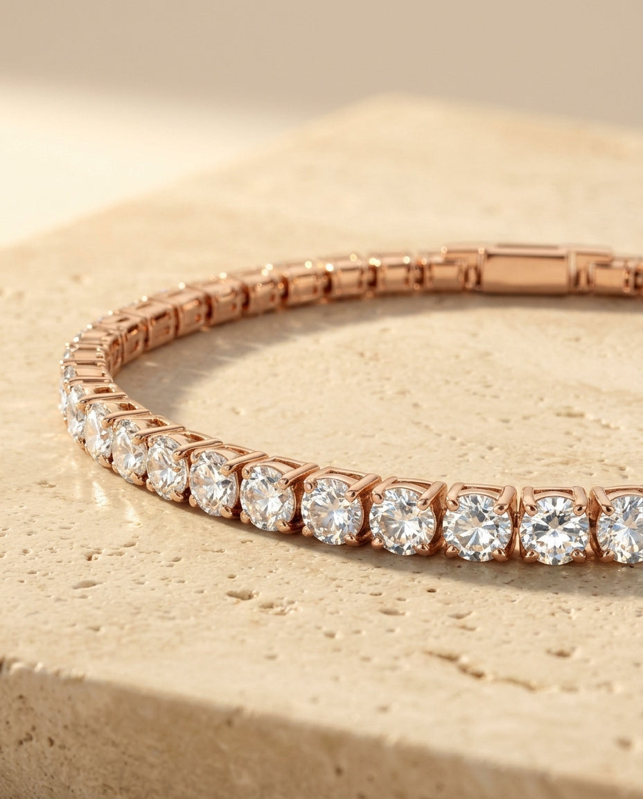 Roselle Bracelet rose gold tennis bracelet macro detail angle on travertine