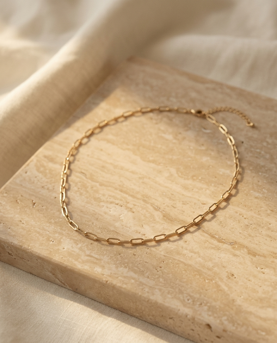 Whisper Chain Necklace editorial — fine gold paperclip chain on warm travertine